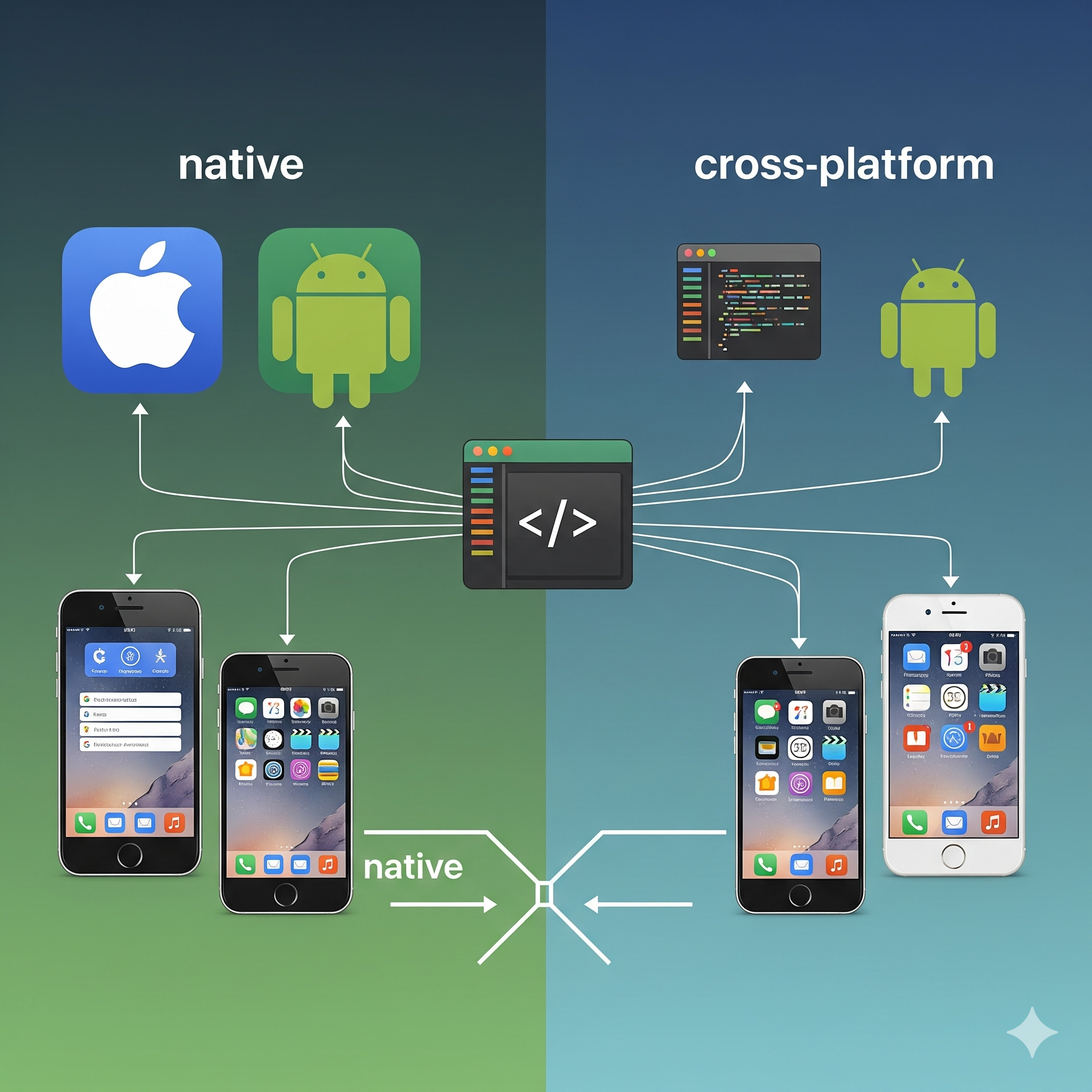 Native vs Cross Platform App Development code on two phones
